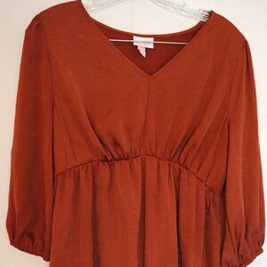 Isabel Maternity Rust Orange V-Neck Empire Waist 3/4 Sleeve Flowy Top Shirt M